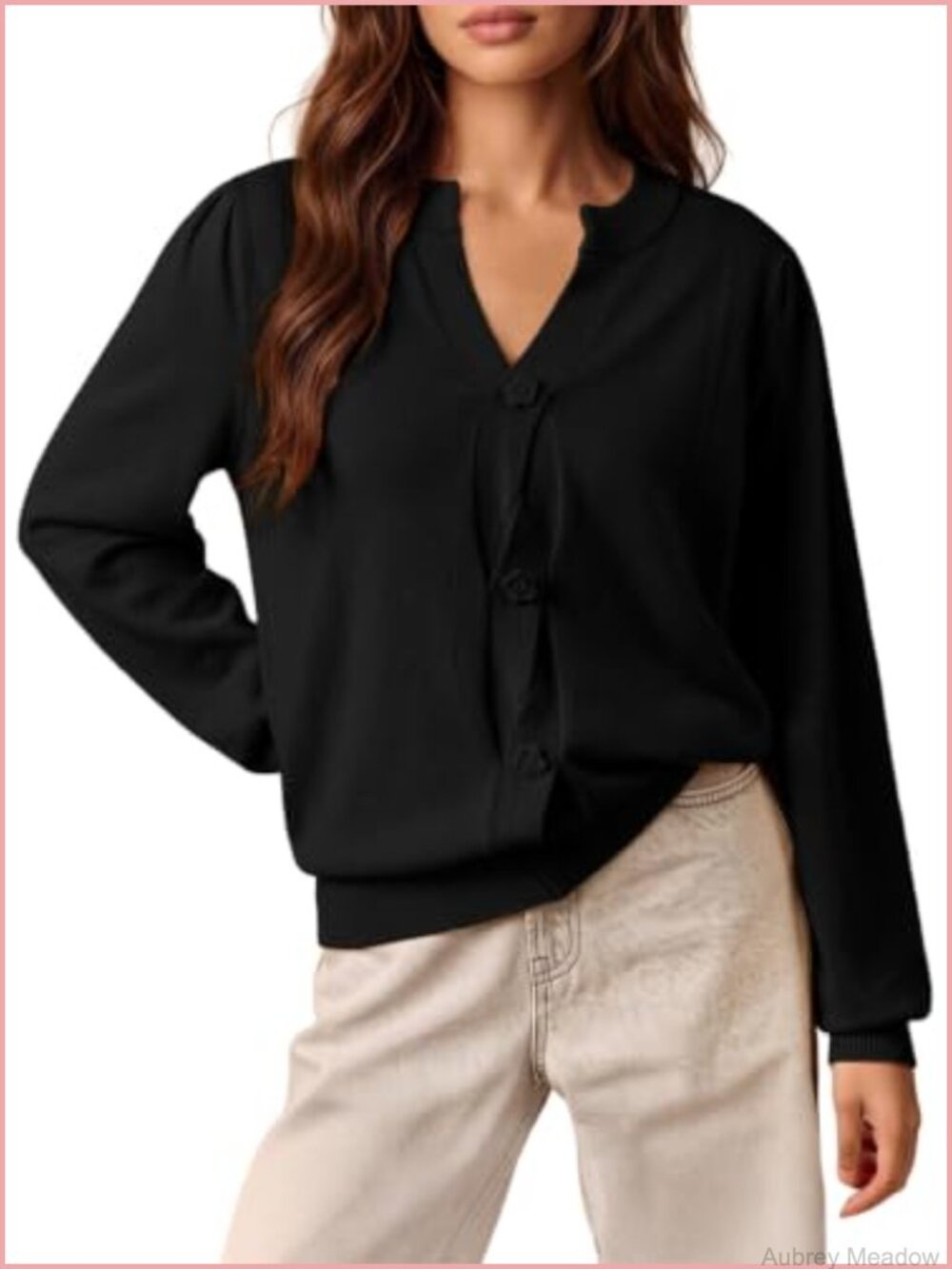 Women's V-Neck Knit Pullover Sweater with Puff Sleeves & Floral Buttons